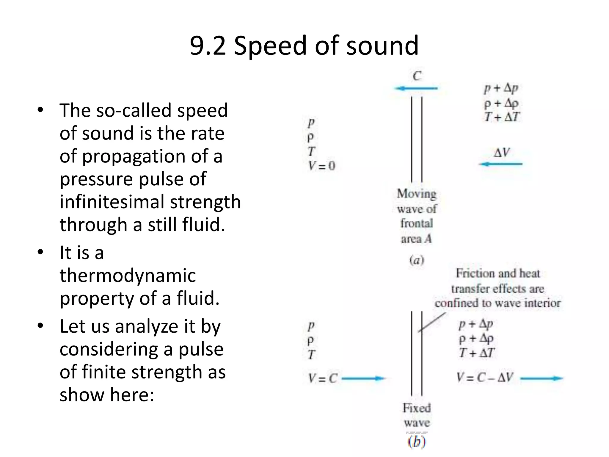 9.2 Speed of sound
• The so-called speed
of sound is the rate
of propagation of a
pressure pulse of
infinitesimal strength
through a still fluid.
• It is a
thermodynamic
property of a fluid.
• Let us analyze it by
considering a pulse
of finite strength as
show here:
 
