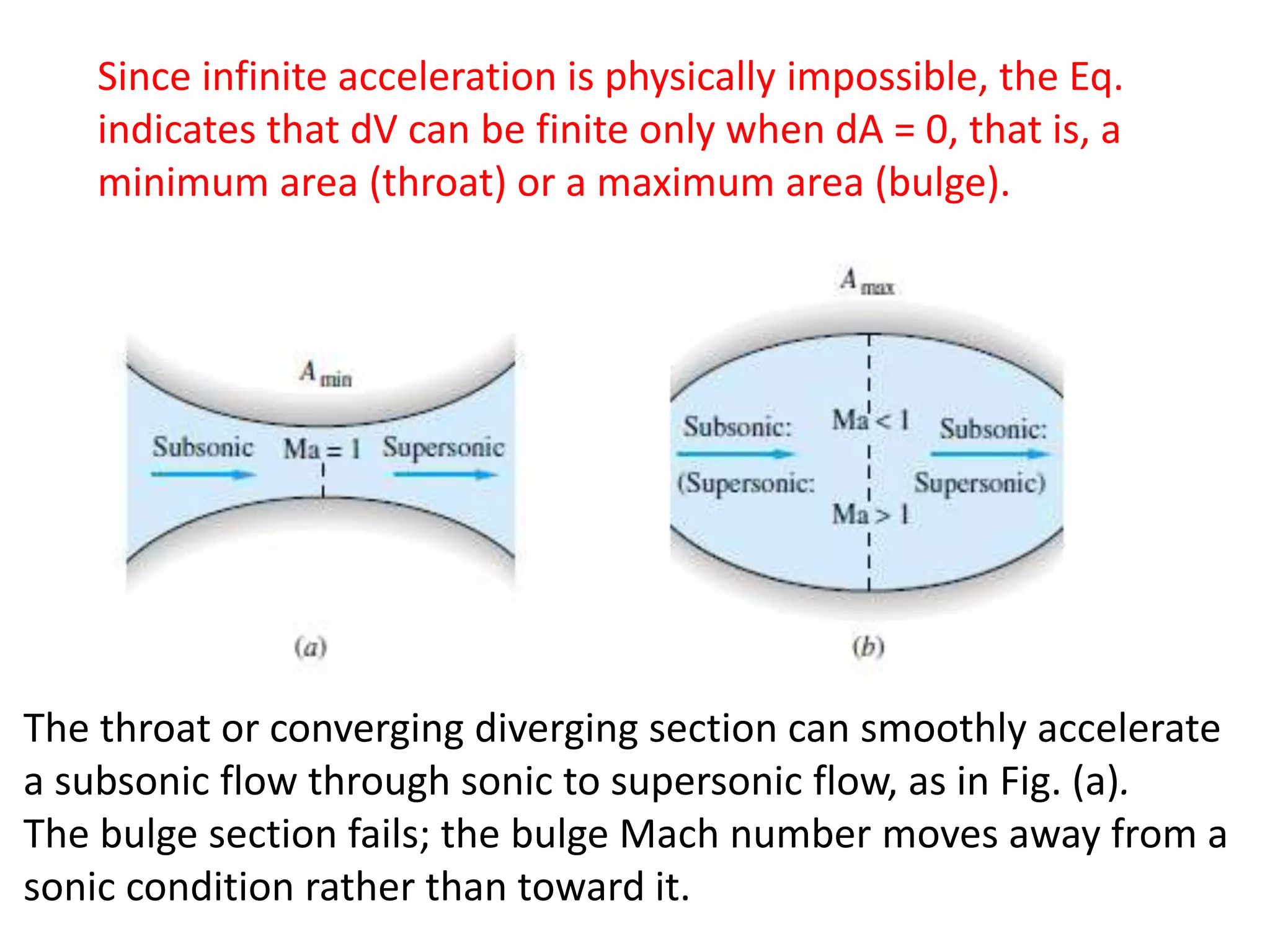 Since infinite acceleration is physically impossible, the Eq.
indicates that dV can be finite only when dA = 0, that is, a
minimum area (throat) or a maximum area (bulge).
The throat or converging diverging section can smoothly accelerate
a subsonic flow through sonic to supersonic flow, as in Fig. (a).
The bulge section fails; the bulge Mach number moves away from a
sonic condition rather than toward it.
 