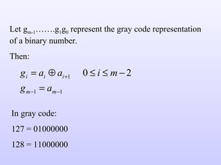 Let g m-1 …….g 1 g 0  represent the gray code representation of a binary number. Then: In gray code: 127 = 01000000 128 = 11000000 