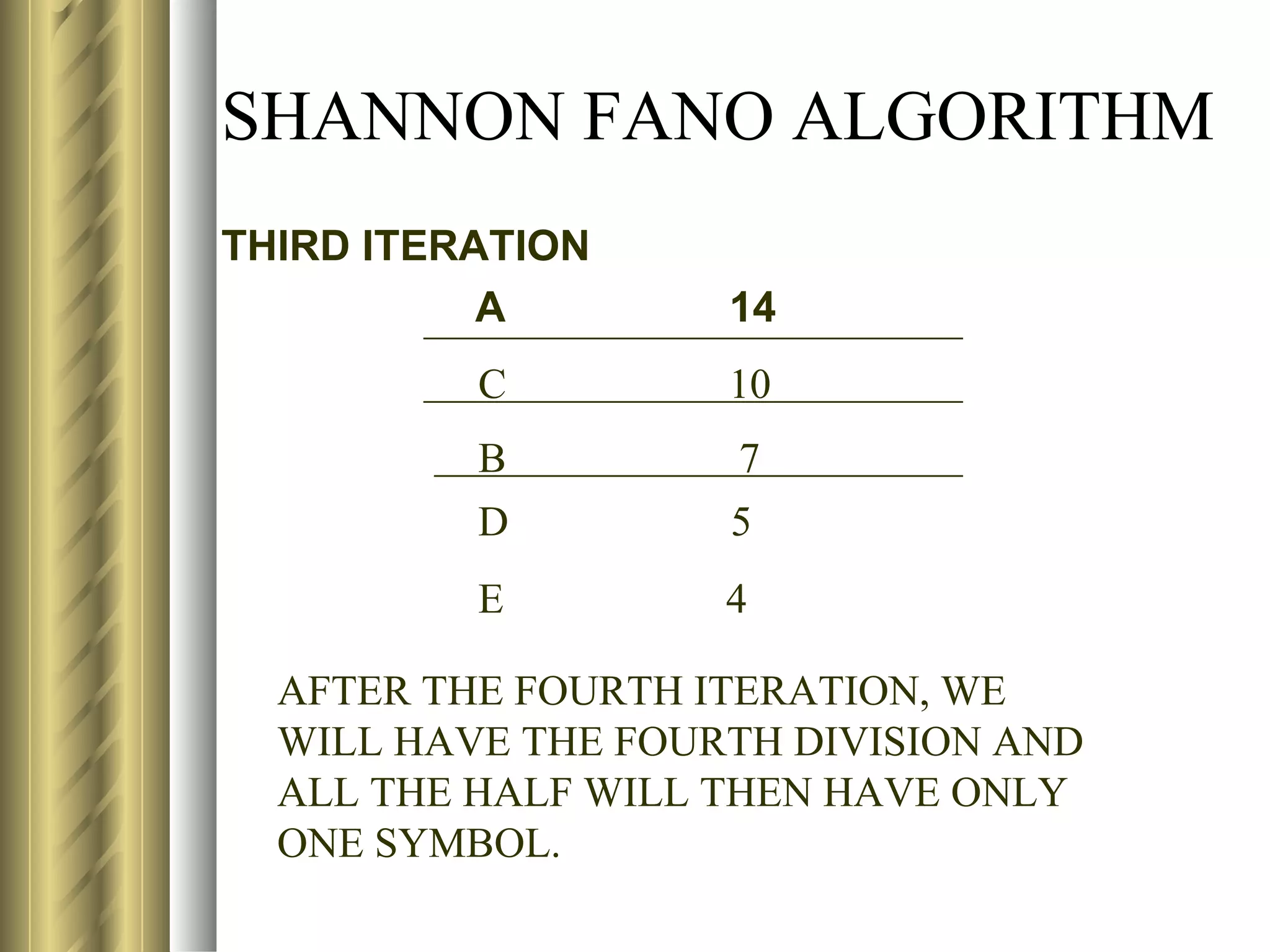SHANNON FANO ALGORITHM
THIRD ITERATION
           A        14
          C         10
          B         7
          D         5
          E         4

  AFTER THE FOURTH ITERATION, WE
  WILL HAVE THE FOURTH DIVISION AND
  ALL THE HALF WILL THEN HAVE ONLY
  ONE SYMBOL.
 