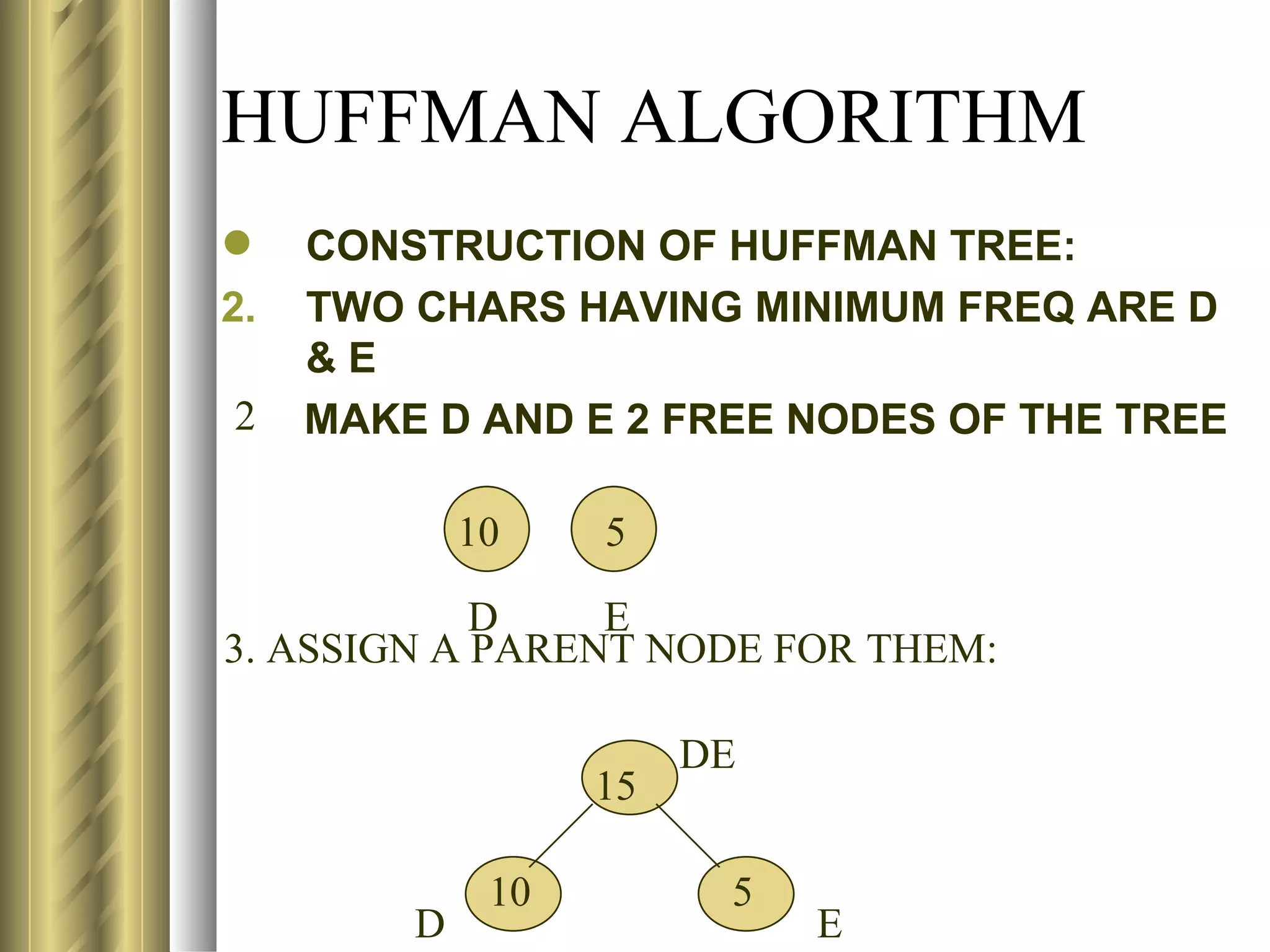 HUFFMAN ALGORITHM
    CONSTRUCTION OF HUFFMAN TREE:
2.   TWO CHARS HAVING MINIMUM FREQ ARE D
     &E
2    MAKE D AND E 2 FREE NODES OF THE TREE

             10    5

            D    E
3. ASSIGN A PARENT NODE FOR THEM:

                        DE
                   15

              10         5
         D                   E
 