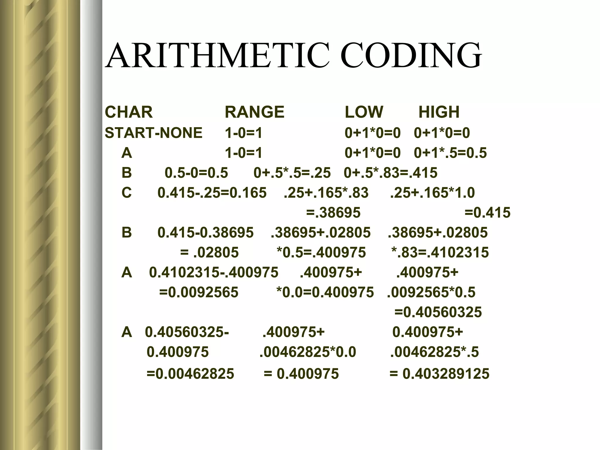 ARITHMETIC CODING
CHAR            RANGE            LOW       HIGH
START-NONE 1-0=1                 0+1*0=0 0+1*0=0
  A             1-0=1            0+1*0=0 0+1*.5=0.5
  B    0.5-0=0.5    0+.5*.5=.25 0+.5*.83=.415
  C   0.415-.25=0.165 .25+.165*.83 .25+.165*1.0
                            =.38695               =0.415
  B   0.415-0.38695 .38695+.02805 .38695+.02805
         = .02805       *0.5=.400975   *.83=.4102315
  A 0.4102315-.400975 .400975+          .400975+
      =0.0092565        *0.0=0.400975 .0092565*0.5
                                        =0.40560325
  A 0.40560325-       .400975+          0.400975+
    0.400975         .00462825*0.0     .00462825*.5
    =0.00462825       = 0.400975       = 0.403289125
 