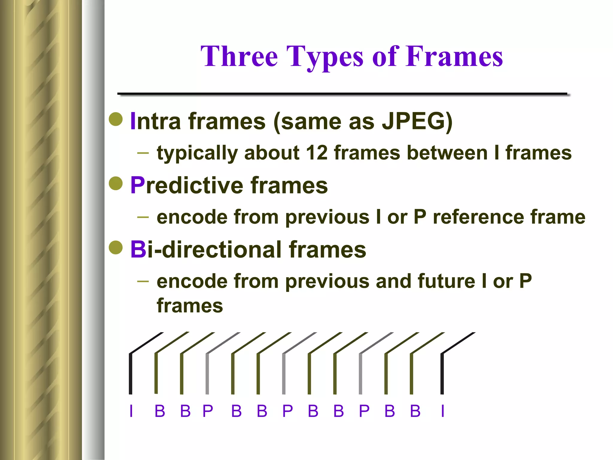Three Types of Frames

 Intra frames (same as JPEG)
     – typically about 12 frames between I frames
 Predictive frames
     – encode from previous I or P reference frame
 Bi-directional frames
     – encode from previous and future I or P
       frames




 I    B B P   B B P B B P B B      I
 