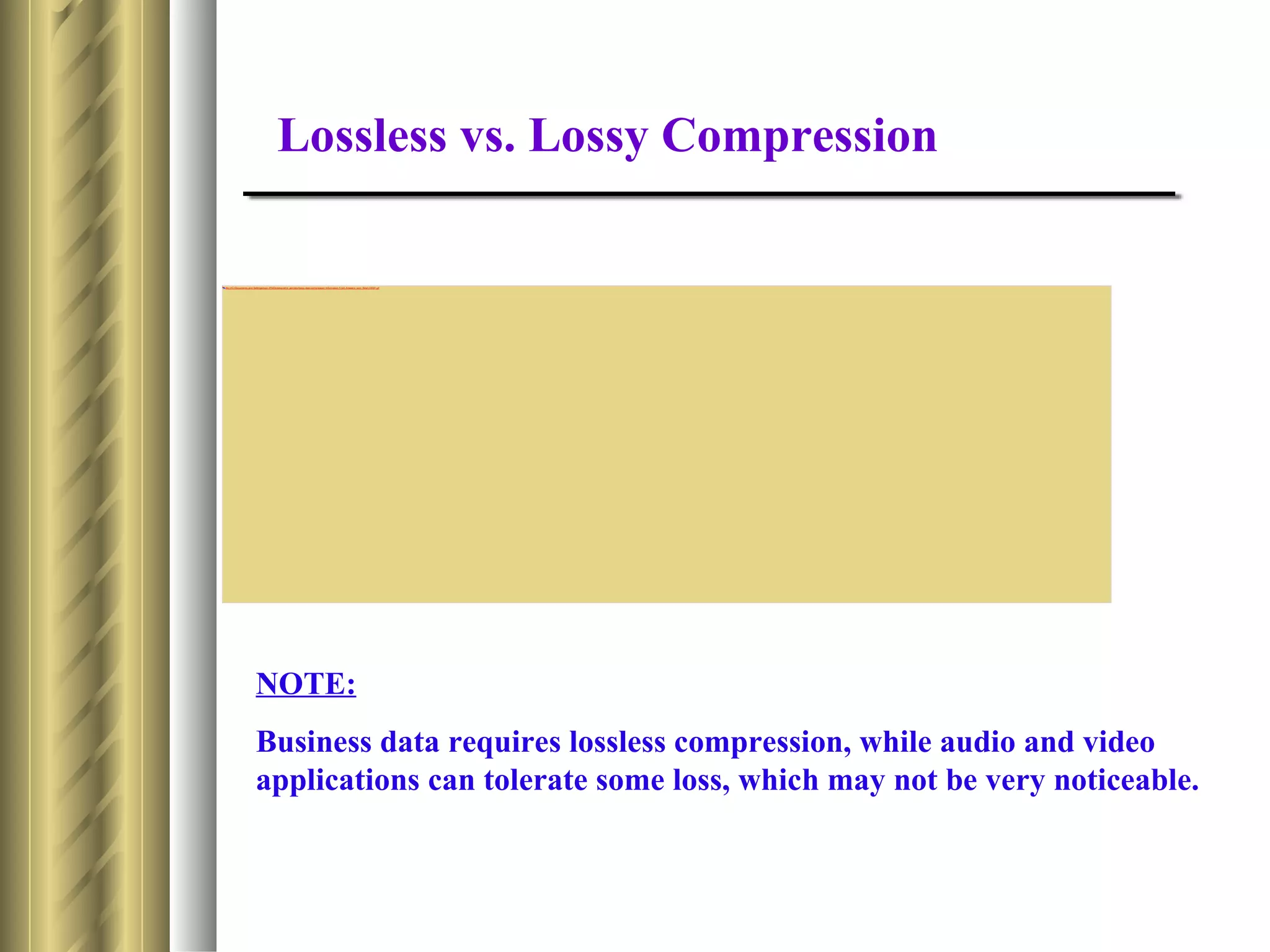 Lossless vs. Lossy Compression

file:///C:/Documents and Settings/login.IPS/Desktop/amit_jain/abc/lossy data compression Information From Answers_com_files/LOSSY.gif




                         NOTE:
                         Business data requires lossless compression, while audio and video
                         applications can tolerate some loss, which may not be very noticeable.
 