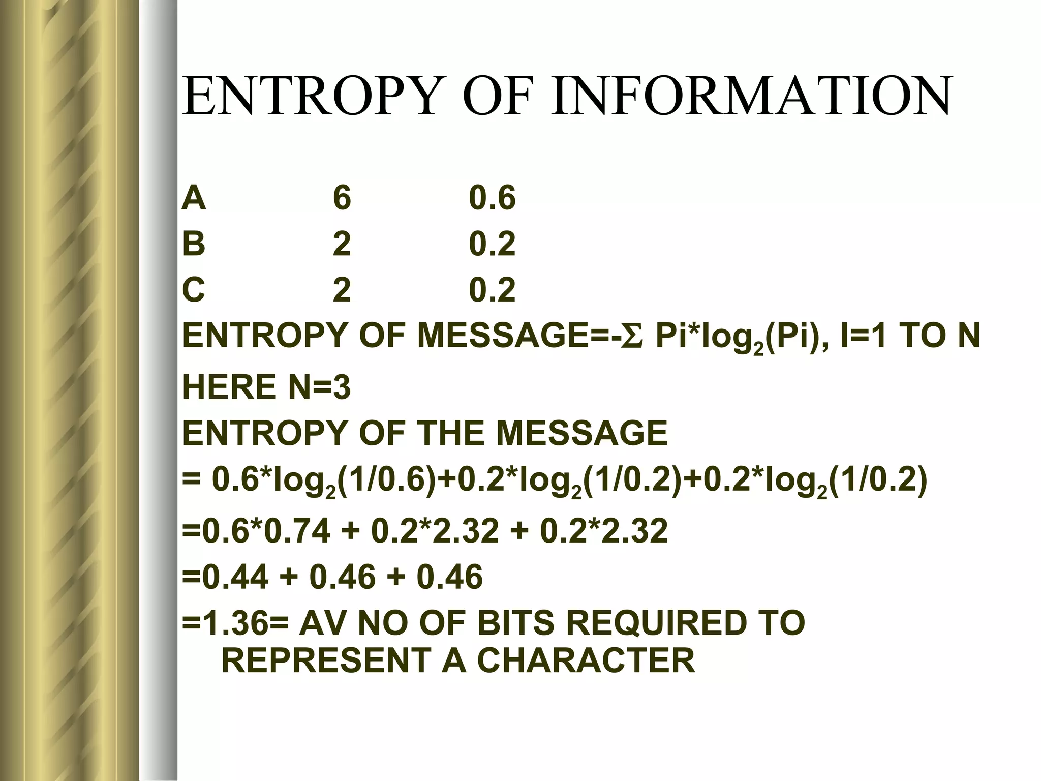 ENTROPY OF INFORMATION
A         6        0.6
B         2        0.2
C         2        0.2
ENTROPY OF MESSAGE=-Σ Pi*log2(Pi), I=1 TO N
HERE N=3
ENTROPY OF THE MESSAGE
= 0.6*log2(1/0.6)+0.2*log2(1/0.2)+0.2*log2(1/0.2)
=0.6*0.74 + 0.2*2.32 + 0.2*2.32
=0.44 + 0.46 + 0.46
=1.36= AV NO OF BITS REQUIRED TO
  REPRESENT A CHARACTER
 