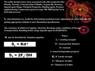 02/10/16 RAGHAVENDRA KUMAR GUNDA14
The tablet hardness have been associated with other properties like
Density, Porosity, Concentration of Binder. It generally increases
depend upon Shape, Chemical Properties, Binding agent, Pressure
applied during Compression (general range 300-3000 Kg/Sq.Cm in
hydraulic presses)
SC determinations are useful for determining needed pressure adjustment on tablet machine for
getting appropriate tablet& to meet Dissolution Specifiactions
The resistance of tablets to Capping, Abrasion, Breakage under conditions of Storage,
Transportation, Handling before usage depends upon its HARDNESS
It may be described by Knudsen equation
Sc = Kd-a
Where
SC = crushing strength
D = mean particle diameter
K= constant
a= material dependant property
ST = 2Fc/ DH ST = Tensile strength
D = Diameter of tablet
H = Thickness of Tablet
 