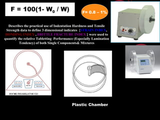 02/10/16 RAGHAVENDRA KUMAR GUNDA19
F = 100(1- W0 / W)
Describes the practical use of Indentation Hardness and Tensile
Strength data to define 3 dimensional indicates {STRAIN INDEX,
BONDING INDEX , BRITTLE FRACTURE INDEX } were used to
quantify the relative Tabletting Performance (Especially Lamination
Tendency) of both Single Components& Mixtures
F= 0.8 – 1%
Plastic Chamber
 
