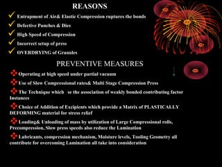 02/10/16 RAGHAVENDRA KUMAR GUNDA22
REASONS
Entrapment of Air& Elastic Compression ruptures the bonds
Defective Punches & Dies
High Speed of Compression
Incorrect setup of press
OVERDRYING of Granules
PREVENTIVE MEASURES
Operating at high speed under partial vacuum
Use of Slow Compressional rates& Multi Stage Compression Press
The Technique which se the association of weakly bonded contributing factor
Instances
Choice of Addition of Excipients which provide a Matrix of PLASTICALLY
DEFORMING material for stress relief
Loading& Unloading of mass by utilization of Large Compressional rolls,
Precompression, Slow press speeds also reduce the Lamination
Lubricants, compression mechanism, Moisture levels, Tooling Geometry all
contribute for overcoming Lamination all take into consideration
 