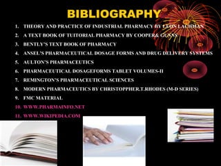 02/10/16 RAGHAVENDRA KUMAR GUNDA24
BIBLIOGRAPHY
1. THEORY AND PRACTICE OF INDUSTRIAL PHARMACY BY LEON LACHMAN
2. A TEXT BOOK OF TUITORIAL PHARMACY BY COOPER& GUNNS
3. BENTLY’S TEXT BOOK OF PHARMACY
4. ANSEL’S PHARMACEUTICAL DOSAGE FORMS AND DRUG DELIVERY SYSTEMS
5. AULTON’S PHARMACEUTICS
6. PHARMACEUTICAL DOSAGEFORMS TABLET VOLUMES-II
7. REMINGTON’S PHARMACEUTICAL SCIENCES
8. MODERN PHARMACEUTICS BY CHRISTOPPHER.T.RHODES (M-D SERIES)
9. FMC MATERIAL
10. WWW.PHARMAINFO.NET
11. WWW.WIKIPEDIA.COM
 