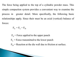 The force being applied to the top of a cylindric powder mass. This
simple compaction system provides a convenient way to examine the
process in greater detail. More specifically, the following basic
relationships apply. Since their must be an axial (vertical) balance of
forces:
FA = FL + FD
FA = Force applied to the upper punch
FL = Force transmitted to the lower punch
FD = Reaction at the die wall due to friction at surface.
 