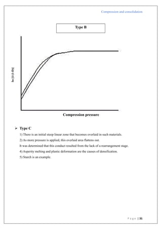 Compression and consolidation
P a g e | 31
Compression pressure
 Type C
1) There is an initial steep linear zone that becomes overlaid in such materials.
2) As more pressure is applied, this overlaid area flattens out.
It was determined that this conduct resulted from the lack of a rearrangement stage.
4) Asperity melting and plastic deformation are the causes of densification.
5) Starch is an example.
Type B
In
[1/(1-D)]
 
