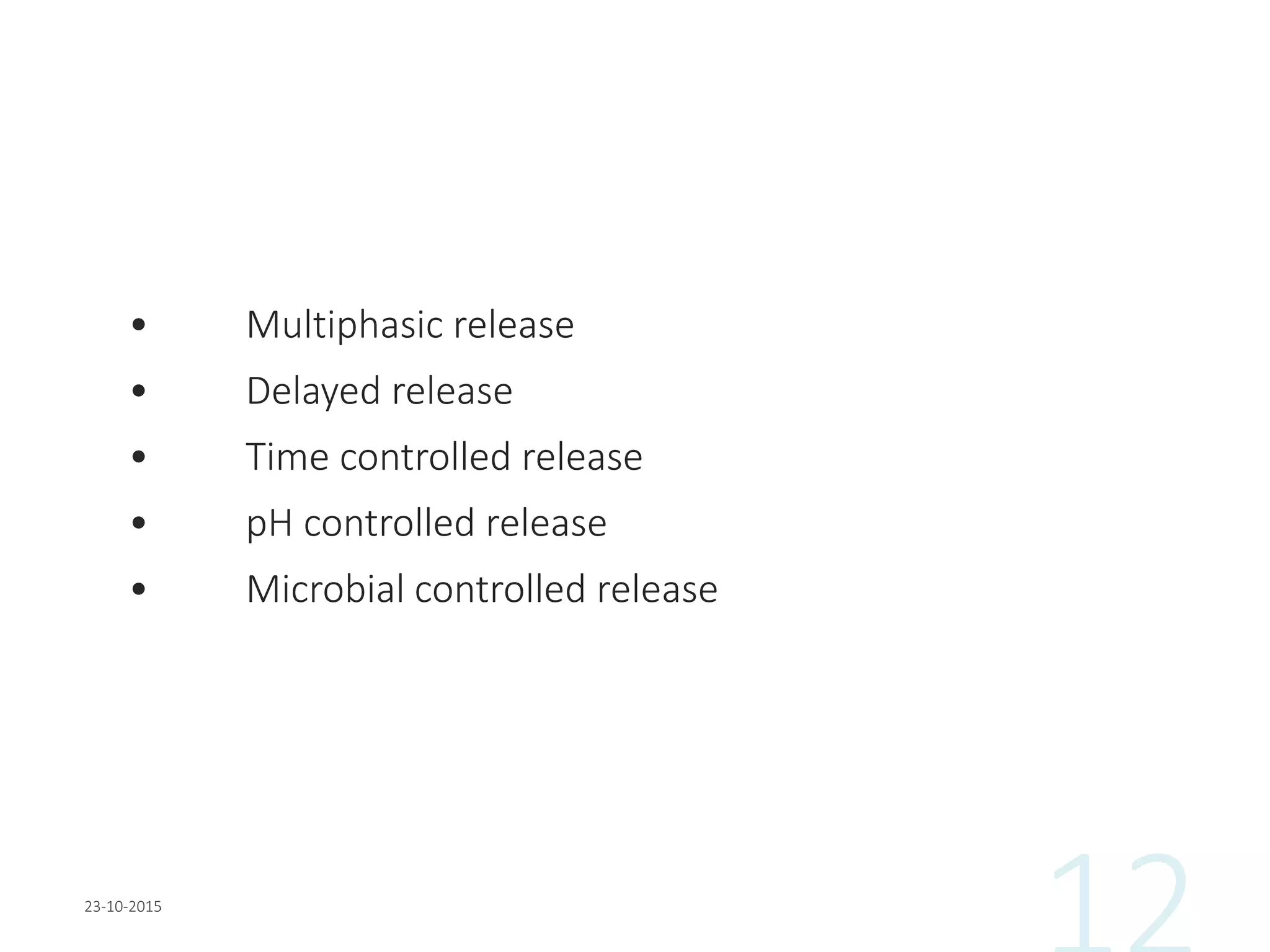 • Multiphasic release
• Delayed release
• Time controlled release
• pH controlled release
• Microbial controlled release
 