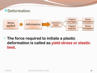 Deformation
• The force required to initiate a plastic
deformation is called as yield stress or elastic
limit.
181804/21/16 Sagar KiShor Savale
 