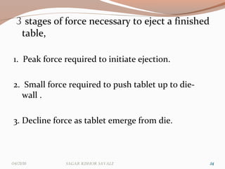 3 stages of force necessary to eject a finished
table,
1. Peak force required to initiate ejection.
2. Small force required to push tablet up to die-
wall .
3. Decline force as tablet emerge from die.
242404/21/16 Sagar KiShor Savale
 