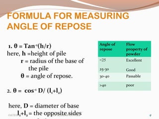 9
FORMULA FOR MEASURING
ANGLE OF REPOSE
1. θ = Tan-1
(h/r)
here, h =height of pile
r = radius of the base of
the pile
θ = angle of repose.
2. θ = cos-1
D/ (l1+l2)
here, D = diameter of base
l1+l2 = the opposite sides
Angle of
repose
Flow
property of
powder
<25
25-30
Excellent
Good
30-40 Passable
>40 poor
904/21/16 Sagar KiShor Savale
 