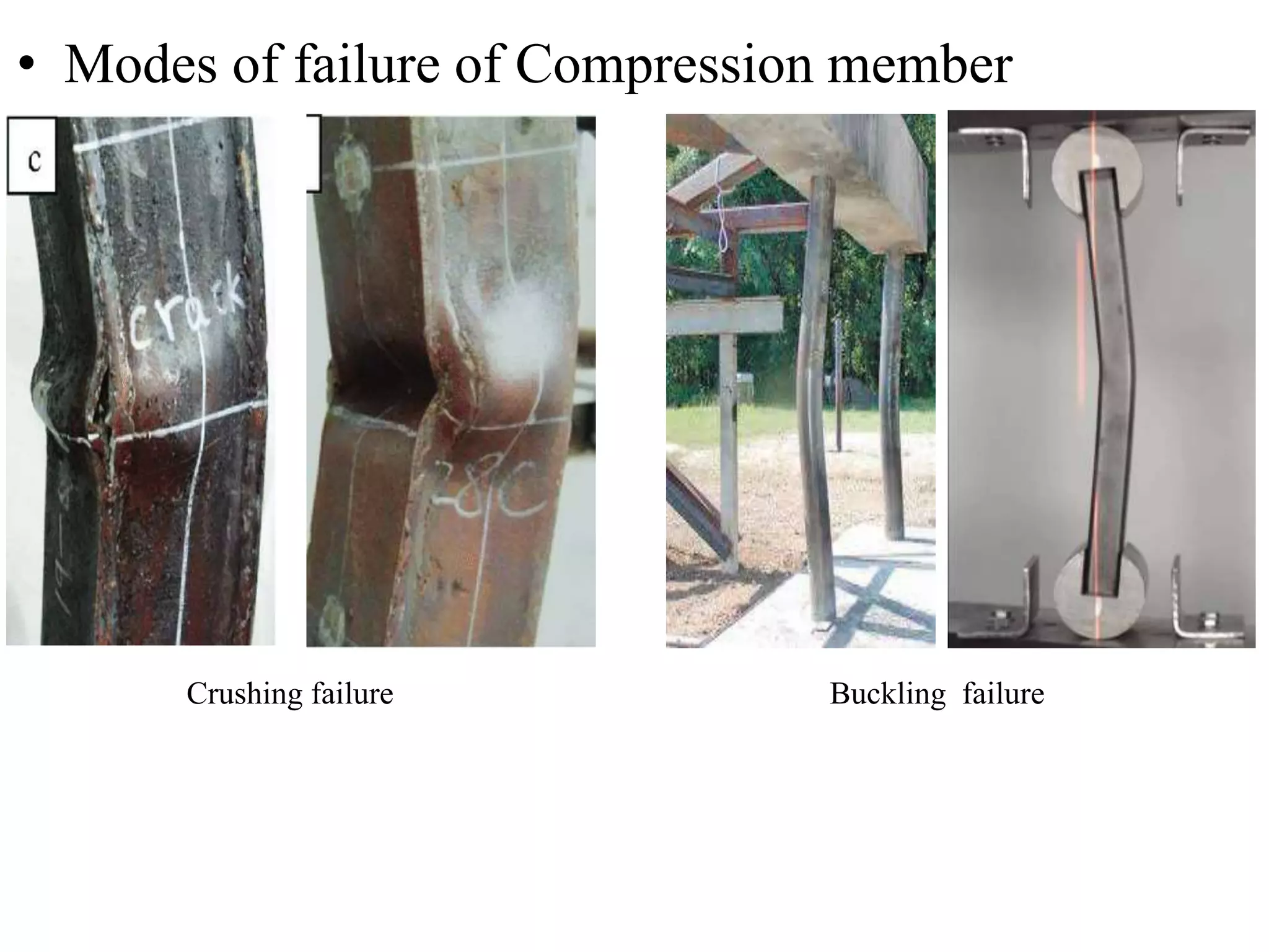 • Modes of failure of Compression member
Crushing failure Buckling failure
 