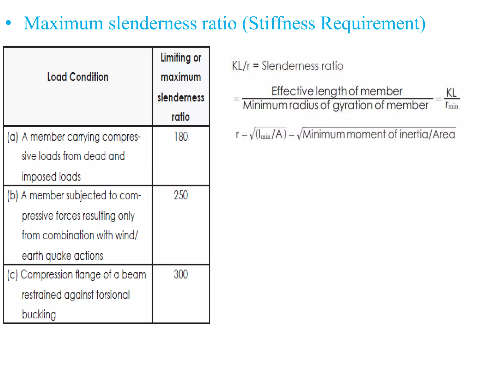 • Maximum slenderness ratio (Stiffness Requirement)
 