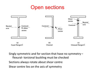 Open sections
Singly symmetric and for section that have no symmetry –
flexural- torsional buckling must be checked
Sections always rotate about shear centre
Shear centre lies on the axis of symmetry
 