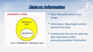 Data vs. Information
Data vs. Information
• Data: Raw pixel values in an
image.​
• Information: Meaningful content
derived from data.​
• Compression focuses on reducing
data redundancy while
preserving essential information.
 