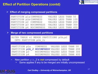 Effect of Partition Operations (contd)

   Effect of merging compressed partitions
     PARTITION    p1a COMPRESS           VALUES     LESS   THAN     50
     PARTITION    p1b COMPRESS           VALUES     LESS   THAN     100
     PARTITION    p2 COMPRESS            VALUES     LESS   THAN     200
     PARTITION    p3 NOCOMPRESS          VALUES     LESS   THAN     300
     PARTITION    p4 NOCOMPRESS          VALUES     LESS   THAN     400

   Merge of two compressed partitions
      ALTER TABLE s1 MERGE PARTITIONS p1b,p2
        INTO PARTITION p1b_2;

      PARTITION   p1a      COMPRESS         VALUES    LESS    THAN   50
      PARTITION   p1b_2    NOCOMPRESS       VALUES    LESS    THAN   200
      PARTITION   p3       NOCOMPRESS       VALUES    LESS    THAN   300
      PARTITION   p4       NOCOMPRESS       VALUES    LESS    THAN   400

     –   New partition p1b_2 is not compressed by default
         • Same applies if any to be merged are initially uncompressed

                                                                           17
                    Carl Dudley – University of Wolverhampton, UK
 