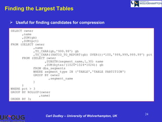 Finding the Largest Tables

  Useful for finding candidates for compression
  SELECT owner
        ,name
        ,SUM(gb)
        ,SUM(pct)
  FROM (SELECT owner
              ,name
              ,TO_CHAR(gb,'999.99') gb
              ,TO_CHAR((RATIO_TO_REPORT(gb) OVER())*100,'999,999,999.99') pct
        FROM (SELECT owner
                    ,SUBSTR(segment_name,1,30) name
                    ,SUM(bytes/(1024*1024*1024)) gb
              FROM dba_segments
              WHERE segment_type IN ('TABLE','TABLE PARTITION')
              GROUP BY owner
                      ,segment_name
              )
        )
  WHERE pct > 3
  GROUP BY ROLLUP(owner
                 ,name)
  ORDER BY 3;



                                                                         24
                    Carl Dudley – University of Wolverhampton, UK
 