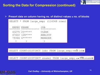 Sorting the Data for Compression (continued)


  Presort data on column having no. of distinct values ~ no. of blocks
                                                        ~
    SELECT * FROM large_emp; (114368 rows)

      EMPNO   ENAME             JOB
    -------   ------------      ----------
      43275   25*****           CLERK
      47422   128****           ANALYST
      79366   6******           MANAGER
        :        :                :


    SELECT COUNT(DISTINCT job) FROM large_emp;                      5 jobs


    SELECT COUNT(DISTINCT ename) FROM large_emp;                      170 enames



                                                                             36
                    Carl Dudley – University of Wolverhampton, UK
 