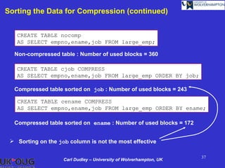 Sorting the Data for Compression (continued)


   CREATE TABLE nocomp
   AS SELECT empno,ename,job FROM large_emp;

  Non-compressed table : Number of used blocks = 360

   CREATE TABLE cjob COMPRESS
   AS SELECT empno,ename,job FROM large_emp ORDER BY job;

  Compressed table sorted on job : Number of used blocks = 243

   CREATE TABLE cename COMPRESS
   AS SELECT empno,ename,job FROM large_emp ORDER BY ename;

  Compressed table sorted on ename : Number of used blocks = 172


  Sorting on the job column is not the most effective

                                                                    37
                    Carl Dudley – University of Wolverhampton, UK
 