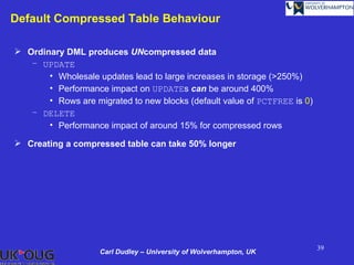 Default Compressed Table Behaviour

 Ordinary DML produces UNcompressed data
   – UPDATE
       • Wholesale updates lead to large increases in storage (>250%)
       • Performance impact on UPDATEs can be around 400%
       • Rows are migrated to new blocks (default value of PCTFREE is 0)
   – DELETE
       • Performance impact of around 15% for compressed rows

 Creating a compressed table can take 50% longer




                                                                           39
                    Carl Dudley – University of Wolverhampton, UK
 