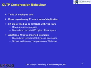 OLTP Compression Behaviour


  Table of employee data

  Rows repeat every 7th row – lots of duplication

  8K Block filled up to PCTFREE with 166 rows
    – Rows are uncompressed
    – Block dump reports 826 bytes of free space

  Additional 10 rows inserted into table
    – Block dump reports 5636 bytes of free space
    – Shows evidence of compression of 166 rows




                                                                    59
                    Carl Dudley – University of Wolverhampton, UK
 