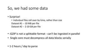 So, we had some data
• Surprise!
• Individual files roll over by time, rather than size
Dataset #1 -- 10 MB per file
Dataset #2 -- 2-10 GB per file
• :GZIP is not a splittable format - can’t be ingested in parallel
• Single core must decompress all data blocks serially
• 1-2 hours / day to parse
 