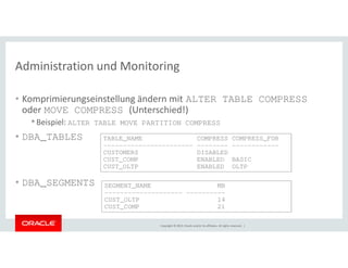 Administration und Monitoring 
• Komprimierungseinstellung ändern mit ALTER TABLE COMPRESS 
oder MOVE COMPRESS (Unterschied!) 
• Beispiel: ALTER TABLE MOVE PARTITION COMPRESS 
• DBA_TABLES 
TABLE_NAME COMPRESS COMPRESS_FOR 
----------------------- -------- ------------ 
CUSTOMERS DISABLED 
CUST_COMP ENABLED BASIC 
CUST_OLTP ENABLED OLTP 
• DBA_SEGMENTS SEGMENT_NAME MB 
-------------------- ---------- 
CUST_OLTP 14 
CUST_COMP 21 
Copyright © 2014, Oracle and/or its affiliates. All rights reserved. | 
 