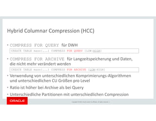 Hybrid Columnar Compression (HCC) 
• COMPRESS FOR QUERY für DWH 
CREATE TABLE mass(...) COMPRESS FOR QUERY [LOW|HIGH] 
• COMPRESS FOR ARCHIVE für Langzeitspeicherung und Daten, 
CREATE TABLE mass(...) COMPRESS FOR ARCHIVE [LOW|HIGH] 
Copyright © 2014, Oracle and/or its affiliates. All rights reserved. | 
die nicht mehr verändert werden 
• Verwendung von unterschiedlichen Komprimierungs-Algorithmen 
und unterschiedlichen CU Größen pro Level 
• Ratio ist höher bei Archive als bei Query 
• Unterschiedliche Partitionen mit unterschiedlichen Compression 
 