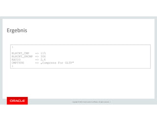 Ergebnis 
: 
BLKCNT_CMP => 115 
BLKCNT_UNCMP => 306 
RATIO => 2,6 
CMPTYPE => „Compress For OLTP“ 
: 
Copyright © 2014, Oracle and/or its affiliates. All rights reserved. | 
 