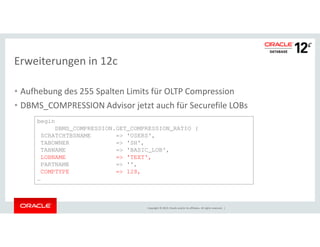 Erweiterungen in 12c 
• Aufhebung des 255 Spalten Limits für OLTP Compression 
• DBMS_COMPRESSION Advisor jetzt auch für Securefile LOBs 
begin 
DBMS_COMPRESSION.GET_COMPRESSION_RATIO ( 
SCRATCHTBSNAME => 'USERS', 
TABOWNER => 'SH', 
TABNAME => 'BASIC_LOB', 
LOBNAME => 'TEXT', 
PARTNAME => '', 
COMPTYPE => 128, 
… 
Copyright © 2014, Oracle and/or its affiliates. All rights reserved. | 
 