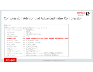 Compression Advisor und Advanced Index Compression 
BEGIN 
dbms_compression.get_compression_ratio ( 
scratchtbsname => 'USERS', 
ownname => 'SH', 
objname => 'B_CUST_POSTAL', 
subobjname => '', 
comptype => dbms_compression.COMP_INDEX_ADVANCED_LOW, 
blkcnt_cmp => l_blkcnt_cmp, 
blkcnt_uncmp => l_blkcnt_uncmp, 
row_cmp => l_row_cmp, 
row_uncmp => l_row_uncmp, 
cmp_ratio => l_cmp_ratio, 
comptype_str => l_comptype_str, 
subset_numrows => dbms_compression.COMP_RATIO_MINROWS, 
objtype => dbms_compression.OBJTYPE_INDEX); ... 
Copyright © 2014, Oracle and/or its affiliates. All rights reserved. | 
 