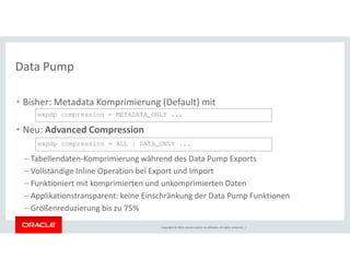 Data Pump 
• Bisher: Metadata Komprimierung (Default) mit 
expdp compression = METADATA_ONLY ... 
• Neu: Advanced Compression 
expdp compression = ALL | DATA_ONLY ... 
– Tabellendaten-Komprimierung während des Data Pump Exports 
– Vollständige Inline Operation bei Export und Import 
– Funktioniert mit komprimierten und unkomprimierten Daten 
– Applikationstransparent: keine Einschränkung der Data Pump Funktionen 
– Größenreduzierung bis zu 75% 
Copyright © 2014, Oracle and/or its affiliates. All rights reserved. | 
 