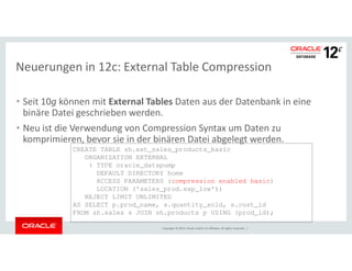Neuerungen in 12c: External Table Compression 
• Seit 10g können mit External Tables Daten aus der Datenbank in eine 
binäre Datei geschrieben werden. 
• Neu ist die Verwendung von Compression Syntax um Daten zu 
komprimieren, bevor sie in der binären Datei abgelegt werden. 
CREATE TABLE sh.ext_sales_products_basic 
ORGANIZATION EXTERNAL 
( TYPE oracle_datapump 
DEFAULT DIRECTORY home 
ACCESS PARAMETERS (compression enabled basic) 
LOCATION ('sales_prod.exp_low')) 
REJECT LIMIT UNLIMITED 
AS SELECT p.prod_name, s.quantity_sold, s.cust_id 
FROM sh.sales s JOIN sh.products p USING (prod_id); 
Copyright © 2014, Oracle and/or its affiliates. All rights reserved. | 
 