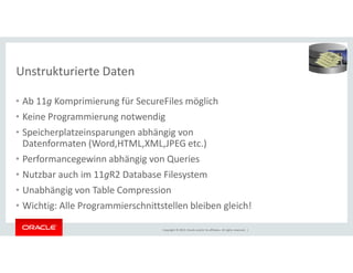 Unstrukturierte Daten 
• Ab 11g Komprimierung für SecureFiles möglich 
• Keine Programmierung notwendig 
• Speicherplatzeinsparungen abhängig von 
Datenformaten (Word,HTML,XML,JPEG etc.) 
• Performancegewinn abhängig von Queries 
• Nutzbar auch im 11gR2 Database Filesystem 
• Unabhängig von Table Compression 
• Wichtig: Alle Programmierschnittstellen bleiben gleich! 
Copyright © 2014, Oracle and/or its affiliates. All rights reserved. | 
 