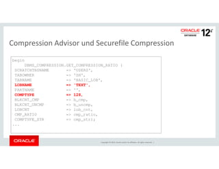 Compression Advisor und Securefile Compression 
begin 
DBMS_COMPRESSION.GET_COMPRESSION_RATIO ( 
SCRATCHTBSNAME => 'USERS', 
TABOWNER => 'SH', 
TABNAME => 'BASIC_LOB', 
LOBNAME => 'TEXT', 
Copyright © 2014, Oracle and/or its affiliates. All rights reserved. | 
PARTNAME => '', 
COMPTYPE => 128, 
BLKCNT_CMP => b_cmp, 
BLKCNT_UNCMP => b_uncmp, 
LOBCNT => lob_cnt, 
CMP_RATIO => cmp_ratio, 
COMPTYPE_STR => cmp_str); 
... 
 