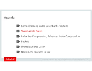 Agenda 
Komprimierung in der Datenbank - Vorteile 
Strukturierte Daten 
Index Key Compression, Advanced Index Compression 
1 
2 
3 
Backup 
Unstrukturierte Daten 
Noch mehr Features in 12c 
Copyright © 2014, Oracle and/or its affiliates. All rights reserved. | 
4 
5 
Oracle Confidential – Internal/Restricted/Highly Restricted 6 
6 
 