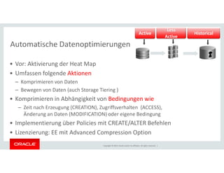 Automatische Datenoptimierungen 
• Vor: Aktivierung der Heat Map 
• Umfassen folgende Aktionen 
– Komprimieren von Daten 
Bewegen von Daten (auch Storage Tiering ) 
Less 
Active 
Active Historical 
– • Komprimieren in Abhängigkeit von Bedingungen wie 
– Zeit nach Erzeugung (CREATION), Zugriffsverhalten (ACCESS), 
Änderung an Daten (MODIFICATION) oder eigene Bedingung 
• Implementierung über Policies mit CREATE/ALTER Befehlen 
• Lizenzierung: EE mit Advanced Compression Option 
Copyright © 2014, Oracle and/or its affiliates. All rights reserved. | 
 