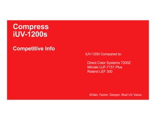 iUV-1200 Compared to:
Direct Color Systems 7200Z
Inkcups X2
Mimaki UJF-7151 Plus
Roland LEF 300
Compress
iUV-1200s
Competitive Info
Wider. Faster. Deeper. Real UV Value. 
 