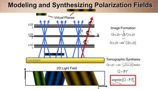 Modeling and Synthesizing Polarization Fields
                  Virtual Planes

      LCD
                                              f3
        3                                                  Image Formation
                                         f2                                 K
      LCD                                          x       Q(x, q ) = åfk (x, q )
        2                                                                   k=1

                                    f1                    L(x, q ) = sin 2 (Q(x,q ))
      LCD
        1




      backlight                                        Tomographic Synthesis
                                                       Q(x,q ) = ±sin-1     (           )
                                                                                  L(x, q ) mod p
                   2D Light Field
                                                                   Q = Pf

                                                            argmin Q - Pf
                                                                                            2
                                                                                            2
                                                            fmin £f £fmax

                                                   x
 