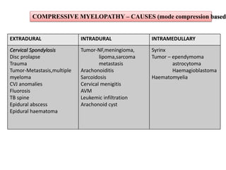 EXTRADURAL INTRADURAL INTRAMEDULLARY
Cervical Spondylosis
Disc prolapse
Trauma
Tumor-Metastasis,multiple
myeloma
CVJ anomalies
Fluorosis
TB spine
Epidural abscess
Epidural haematoma
Tumor-NF,meningioma,
lipoma,sarcoma
metastasis
Arachonoiditis
Sarcoidosis
Cervical menigitis
AVM
Leukemic infiltration
Arachonoid cyst
Syrinx
Tumor – ependymoma
astrocytoma
Haemagioblastoma
Haematomyelia
COMPRESSIVE MYELOPATHY – CAUSES (mode compression based)
 
