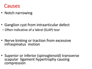 Causes
• Notch narrowing
• Ganglion cyst from intraarticular defect
– Often indicative of a labral (SLAP) tear
• Nerve kinking or traction from excessive
infraspinatus motion
• Superior or inferior (spinoglenoid) transverse
scapular ligament hypertrophy causing
compression
 