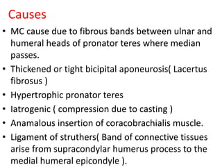 Causes
• MC cause due to fibrous bands between ulnar and
humeral heads of pronator teres where median
passes.
• Thickened or tight bicipital aponeurosis( Lacertus
fibrosus )
• Hypertrophic pronator teres
• Iatrogenic ( compression due to casting )
• Anamalous insertion of coracobrachialis muscle.
• Ligament of struthers( Band of connective tissues
arise from supracondylar humerus process to the
medial humeral epicondyle ).
 