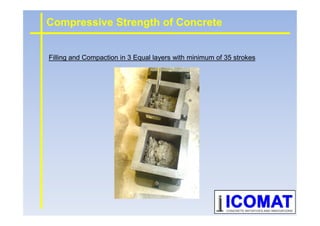 Filling and Compaction in 3 Equal layers with minimum of 35 strokes
Compressive Strength of Concrete
 