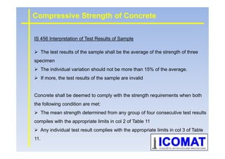 Compressive Strength of Concrete
IS 456 Interpretation of Test Results of Sample
The test results of the sample shall be the average of the strength of three
specimen
The individual variation should not be more than 15% of the average.
If more, the test results of the sample are invalidIf more, the test results of the sample are invalid
Concrete shall be deemed to comply with the strength requirements when both
the following condition are met:
The mean strength determined from any group of four consecutive test results
compiles with the appropriate limits in col 2 of Table 11
Any individual test result complies with the appropriate limits in col 3 of Table
11.
 