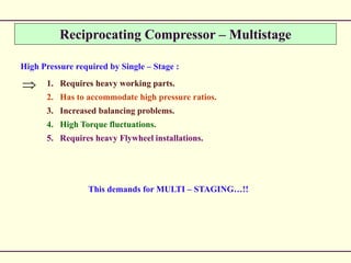 Reciprocating Compressor – Multistage
High Pressure required by Single – Stage :
 1. Requires heavy working parts.
2. Has to accommodate high pressure ratios.
3. Increased balancing problems.
4. High Torque fluctuations.
5. Requires heavy Flywheel installations.
This demands for MULTI – STAGING…!!
 