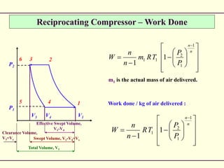 P1
P2
V1V4
6 2
5 1
3
4
V3
Effective Swept Volume,
V1-V4
Swept Volume, V1-V4=Vs
Total Volume, V1
Clearance Volume,
V3=Vc
Reciprocating Compressor – Work Done




















n
n
P
P
TRm
n
n
W
1
1
2
11 1
1
m1 is the actual mass of air delivered.
Work done / kg of air delivered :




















n
n
P
P
TR
n
n
W
1
1
2
1 1
1
 